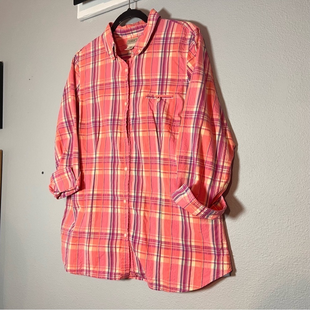 L.L. Bean Button Up Front Shirt Blouse Cotton Pink Yellow Plaid Size Large